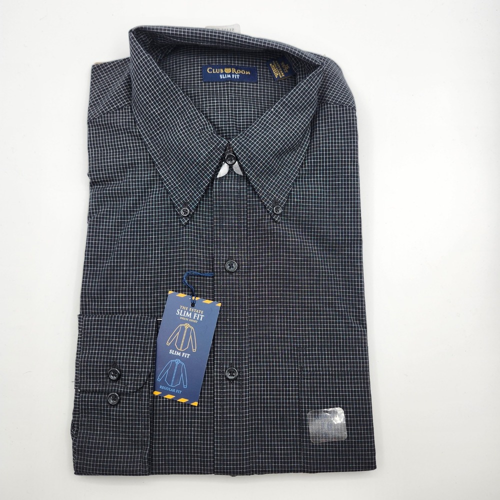 Club Room Mens Slim Fit Dress Shirt‎ 16 32/33 Black Box Check Cotton H11B1BLBCK
